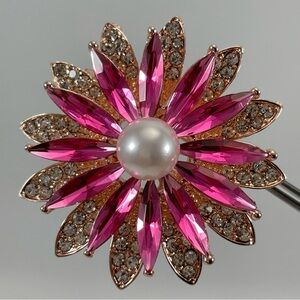 Rose Gold Tone Pink White Rhinestone Faux Pearl Flower Brooch Pin Statement